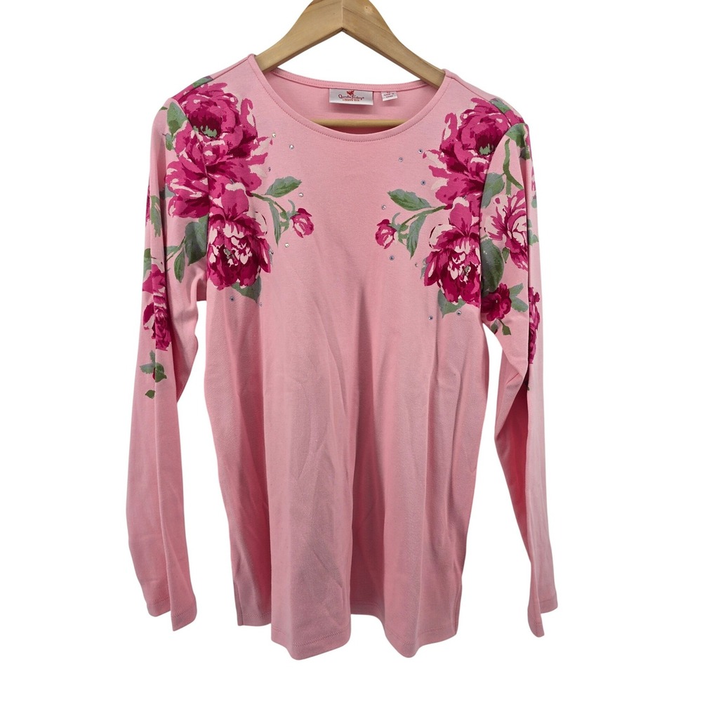 Quacker Factory Top Womens Medium Pink Floral Peony Rhinestone Long Sleeve Tee - Picture 1 of 5